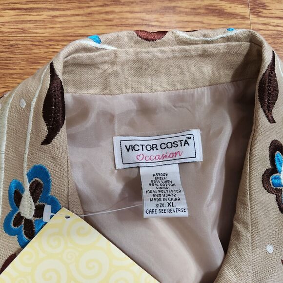 Victor Costa Blazer Womens Size XL Embroidery Floral Blue White Brown NEW - Picture 3 of 5